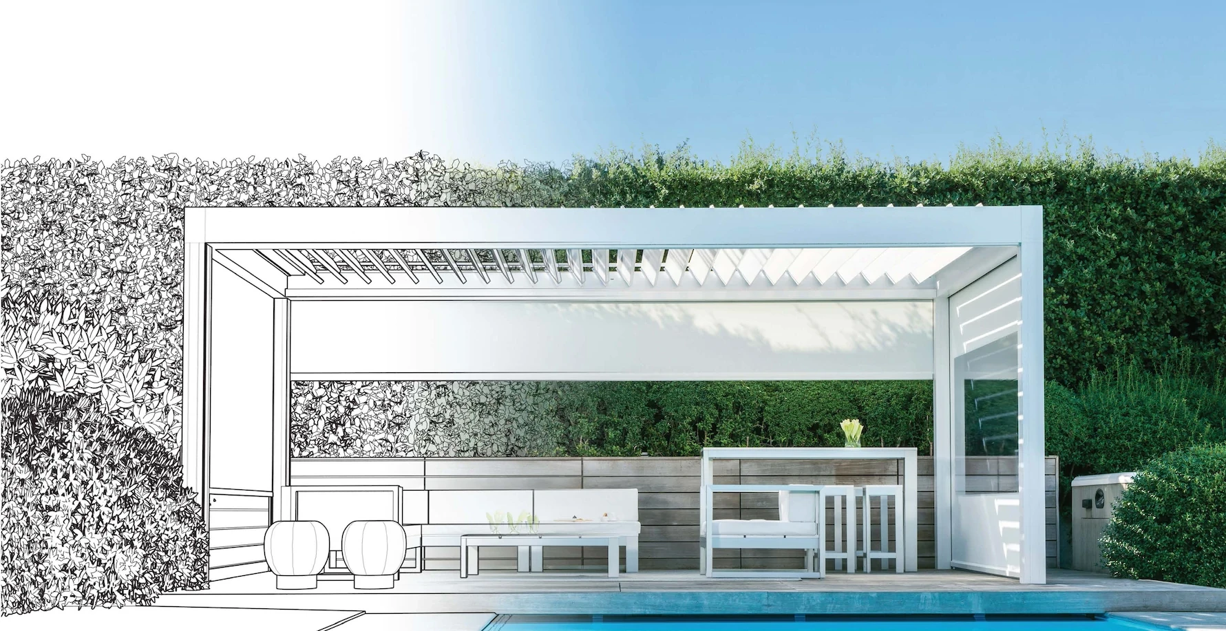 Adjustable louvred roof and screening system, shown as a drawing resolving into a photograph