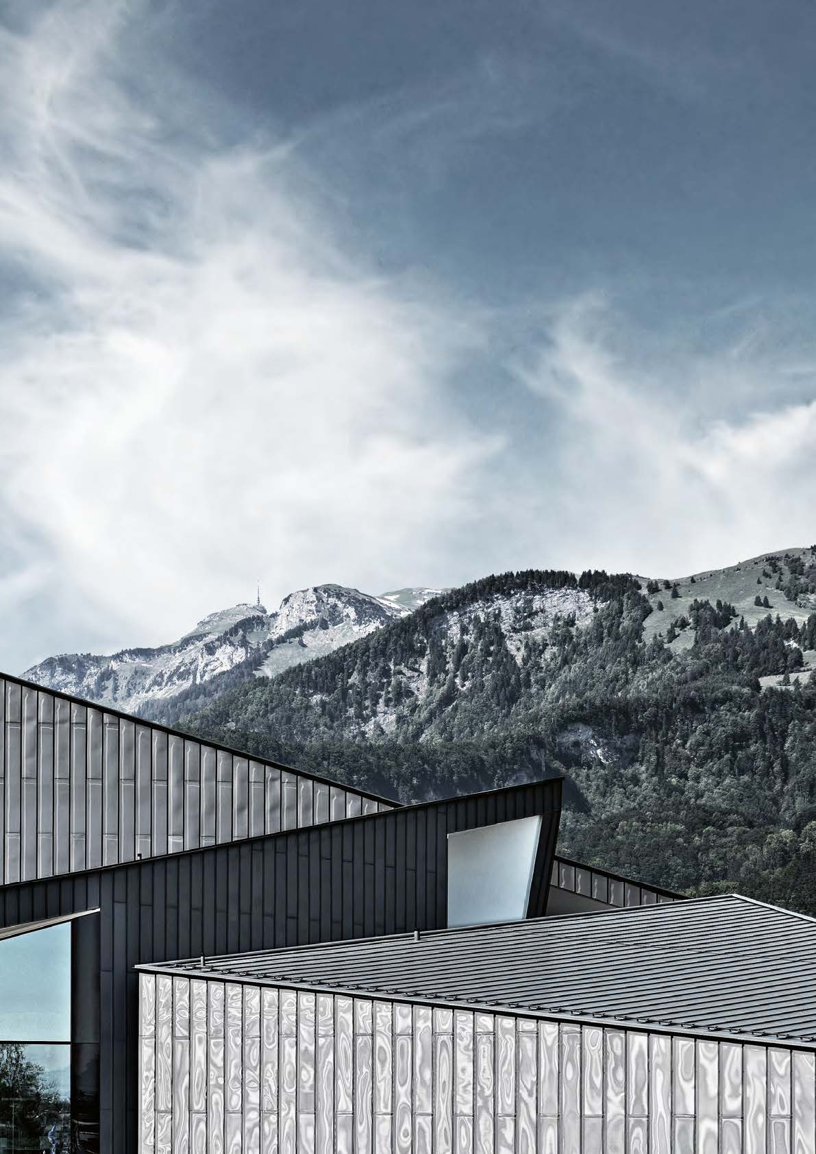 Profiled metal façade cladding and standing-seam roof in an alpine setting